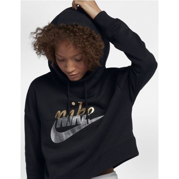 Nike Rally Clash Women's Crop Hoodie (Black with Metallic Logo)Minimalist Sporty - Picture 3 of 3